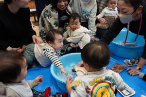 タライの中の魚を触る乳児たちの写真