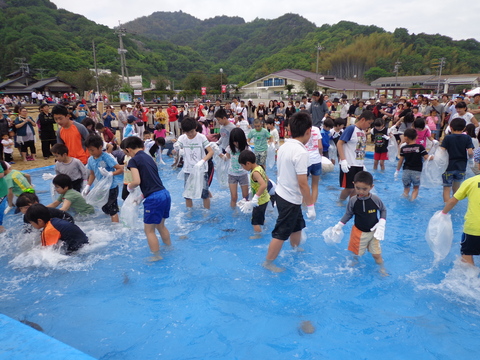 みんな夢中で魚のつかみどり