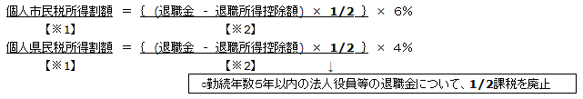 平成25年1月1日以降に支払われる退職所得について　
個人市民税所得割額【※1】　＝　｛　(退職金　-　退職所得控除額)　×　1/2　｝【※2】　×　６％　
個人県民税所得割額【※1】　＝　｛　(退職金　-　退職所得控除額)　×　1/2　｝【※2】　×　４％　
勤続年数5年以内の法人役員等の退職金について、1/2課税を廃止