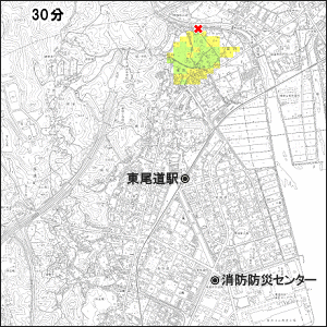 藤井川 東尾道駅付近の氾濫シミュレーション 30分