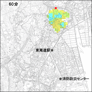 藤井川 東尾道駅付近の氾濫シミュレーション 60分