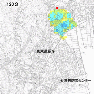 藤井川 東尾道駅付近の氾濫シミュレーション 120分