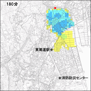 藤井川 東尾道駅付近の氾濫シミュレーション 180分