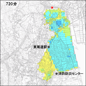 藤井川 東尾道駅付近の氾濫シミュレーション 720分